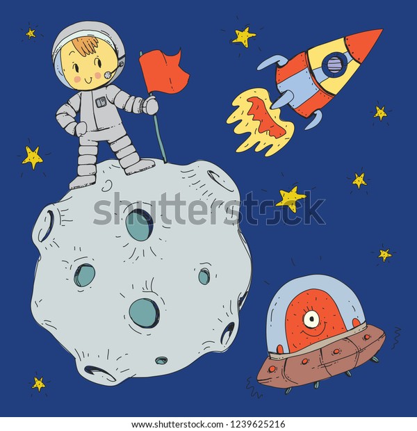 Cartoon space for children. Moon, stars,\
planet, asteroid, astrounaut, rocket, spaceship, alien and ufo.\
Adventure, travel, exploration around\
universe.