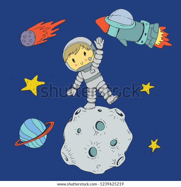 Cartoon space for children. Moon, stars,\
planet, asteroid, boy astronaut and rocket spaceship. Adventure,\
travel, exploration around\
universe.