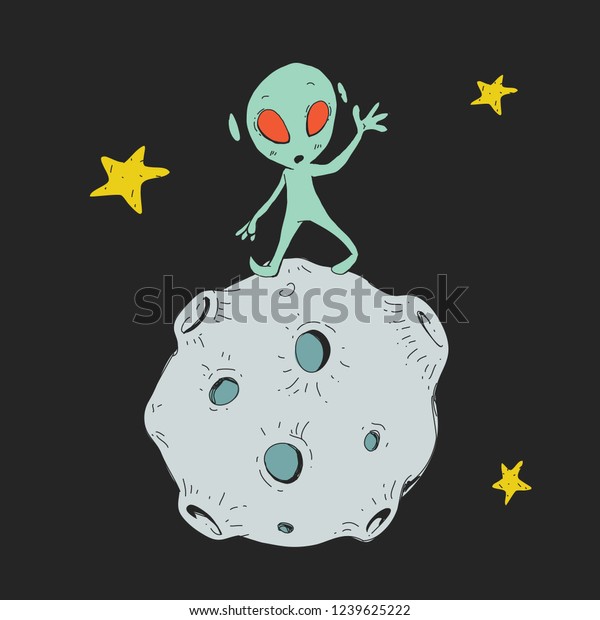 Cartoon space for children. Moon, stars,\
planet, asteroid, astrounaut, rocket, spaceship, alien, ufo.\
Adventure, travel, exploration around\
universe.