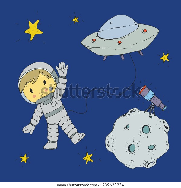 Cartoon space for children. Moon, stars,\
planet, asteroid, astronaut and rocket spaceship,. Adventure,\
travel, exploration around\
universe.