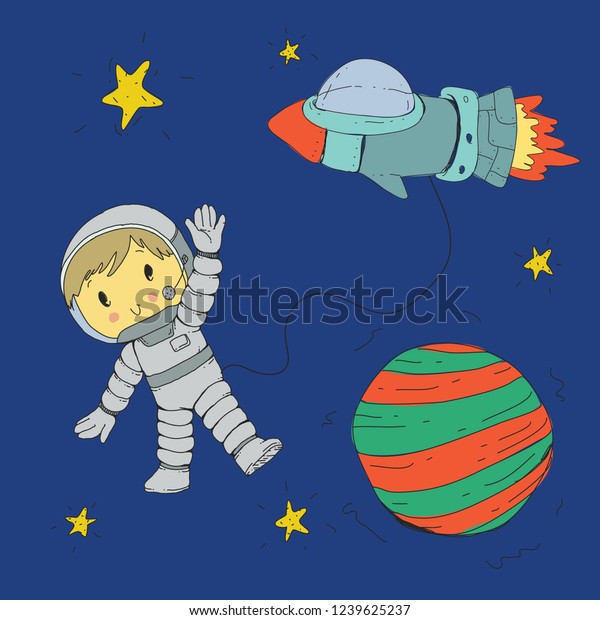 Cartoon space for children. Moon, stars,\
planet, asteroid, astronaut and rocket spaceship. Adventure,\
travel, exploration around\
universe.