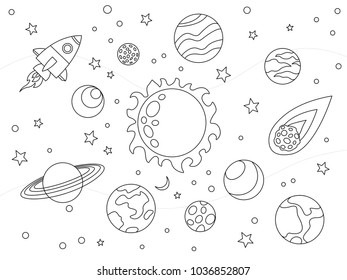 Cartoon space coloring vector illustration. Black and white image.
