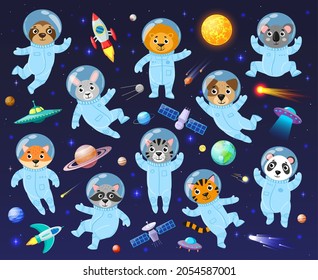 Cartoon space cosmonaut animals, cute animal astronauts. Galaxy space animals koala, racoon, leo sloth vector illustration set. Animals astronauts flying in open space. Explorer astronaut in spacesuit