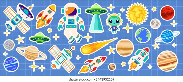 Espacio de dibujos animados, pegatinas cosmos con astronauta, planeta, estrella, . Ilustración vectorial