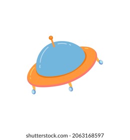Cartoon space element. Icon of ufo, alien spaceship on a white background. Futuristic unknown spacecraft for kids design or decoration. Flat vector isolated illustration.