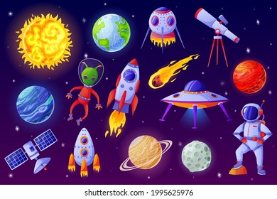 Cartoon space elements. Alien, ufo spaceship, rocket, astronaut, asteroid, satellite, telescope. Colorful universe cosmic element vector set. Fantastic flying cosmic objects for exploration