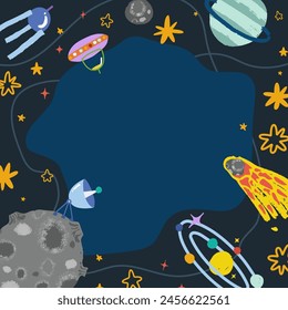 Cartoon space elements galaxy, stars and rocket, moon, satellite in the starry sky, vector background. Space exploration banner with a flying saucer
