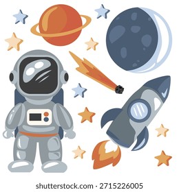 Cartoon space elements set with astronaut, rockets, planets and stars. Fun flat illustrations for children projects, posters, learning materials and playful designs.