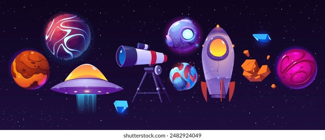 Cartoon space elements set with neon glow effect - alien planets and meteor stones, spaceship rocket and ufo, cosmos satellite and telescope on dark starry sky background. Vector set of cosmic icons.