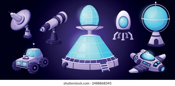 Cartoon space exploration elements. Satellite spaceship telescope and station. Shuttle and observatory, galaxy explore. Science and astronomy nowaday vector set