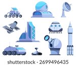 Cartoon space exploration elements. Spaceship or shuttle, observatory for astronomy research, planet rover. Universe adventure, cosmos science travel, sapid vector set