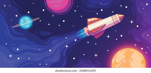 Cartoon space exploration horizontal poster with flying rocket vector illustration