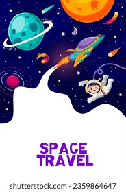 Volante espacial de dibujos animados con astronauta, planetas galaxiales y carnicería, fondo vectorial. Espacios para niños en viajes espaciales con naves espaciales o galácticas, cometas y asteroides planetarios en el cielo de las galaxias