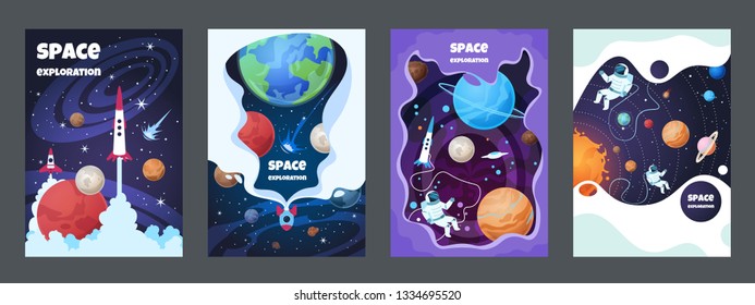 Cartoon space flyer. Universe galaxy banner planet science poster astronaut poster frame brochure cover design. Vector space concept set