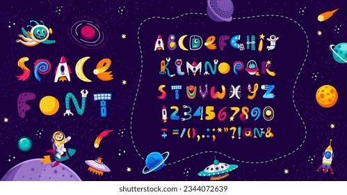 Cartoon space font in english alphabet, universe type and galaxy typeface, vector ABC. Kid typeset font or typography text with spaceman astronaut, planet and rocket or alien UFO and asteroid letters