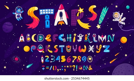 Cartoon space font, galaxy typeface, universe type, kids english alphabet characters vector typography. Space rocket, alien UFO, astronaut, spaceship letters and numbers font, starry galaxy background