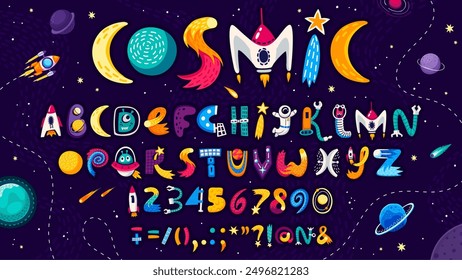 Cartoon space font for universe type or galaxy typeface, vector English alphabet letters. Kids cartoon space font or galaxy typeset with alien UFO, spaceman astronaut, rocket spaceship in cartoon type