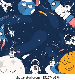 Cartoon space frame with astronaut on a spaceship in the outer space with saturn and other planets. Futuristic background with cosmonauts on the moon, comet, stars and constellations. Galaxy border.
