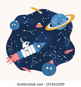 Cartoon space frame with spaceship and astronaut, alien ships, planets and zodiac signs. Futuristic background with constellations, cosmonaut on rocket and stars. Galaxy border for kids.