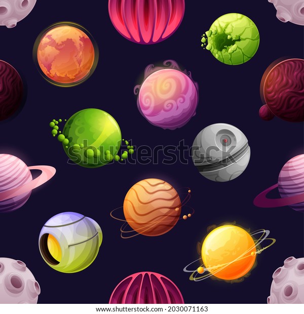 Cartoon space futuristic planets and stars\
seamless pattern. Vector asteroids, fantastic cosmic alien world.\
Galaxy objects, planets with rings, craters and glowing lava\
surface, astronomy\
background