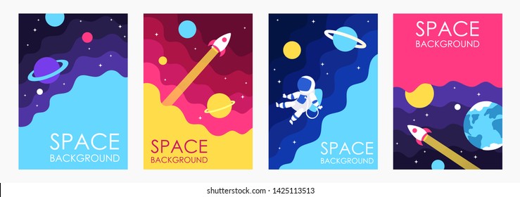 Cartoon space. Galaxy. Set of templates for flyers, banners, booklets, frames, brochures, posters, cards. Vector EPS 10. Children's illustration. Planets in space.