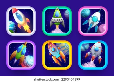 Iconos de aplicaciones de juegos espaciales de dibujos animados con cohetes y naves espaciales, marcos de botones vectoriales. Galaxy adventure arcade iconos de aplicaciones para aplicaciones móviles con nave espacial y starship, juego de batalla de tiro espacial