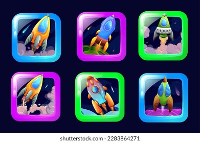 Cartoon space game app, spaceship and starcraft icons, galaxy adventure vector buttons. Space arcade game application icons for mobile app with spaceship rocket or starship in fantasy galaxy