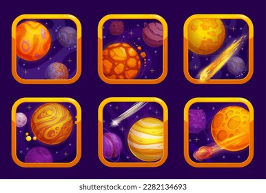 Cartoon space game orange app icons. Cellphone game icon, mobile arcade or computer application vector interface button. Videogame GUI with science fiction galaxy planets, flaming comets or asteroids