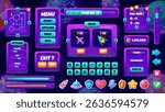 Cartoon space game ui. 2d videogame galaxy interface, alien adventure mobile app gaming kit elements button panel menu frame gui spaceship board design swanky vector illustration original artwork