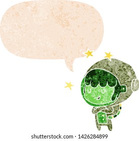 cartoon space girl with speech bubble in grunge distressed retro textured style