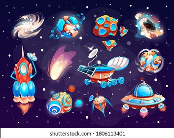 Cartoon space icons at dark cosmos background. Space elements with planets, rocket, comet, meteorite, light splash,black hole, asteroid and satellite at galaxy background. Vector space icons