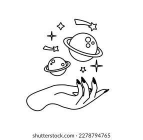 Cartoon space illustration on woman hand, vector design of planets and stars, doodle, cartoon design, decorative slogan, sticker, fashion print design, human hand