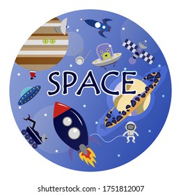 Cartoon space illustration with a rocket, astronaut, planets and aliens. Bright cute, children s vector drawing about spaceships, flying saucers and shuttles. Space with Saturn, Jupiter and stars