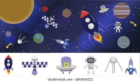 Cartoon space illustration with a rocket, astronaut, planets and aliens. Bright cute, children s vector drawing about spaceships, flying saucers and shuttles. Space with Saturn, Jupiter and stars