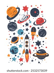 Ilustración del espacio de dibujos animados con cohetes, planetas y estrellas en colores brillantes