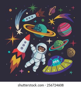 Cartoon space illustration set. Astronaut, planet, rocket