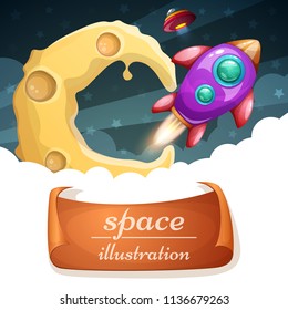 Cartoon space illustraton. Cloud, moon rocket Vector eps 10