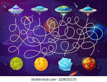 Cartoon space labyrinth, help ufo to find the planet maze game vector worksheet. Kids education pathfinding puzzle, find right way riddle with flying saucers and space planets of alien world universe