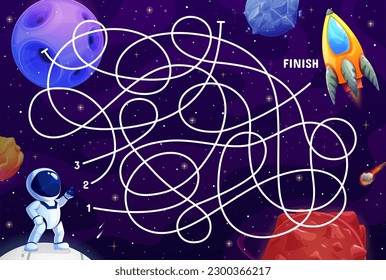 Cartoon space labyrinth maze. Galaxy planets and spaceship game puzzle quiz vector worksheet with fantasy space universe map. Help astronaut character find right way to rocket labyrinth maze game