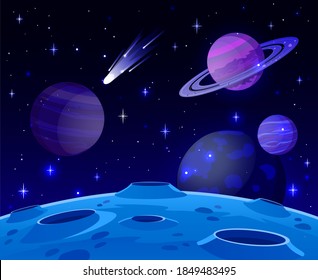 Cartoon Space Landscape. Cosmic Planet Surface, Futuristic Celestial Bodies Landscape, Galaxy Stars And Comets View Vector Background Illustration. Lifeless Land With Craters At Night