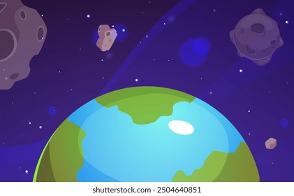 Cartoon space landscape. Earth planet in cosmic space with stars and asteroids. Galaxy vector illustration. Fantasy alien universe game background. Astronomy concept