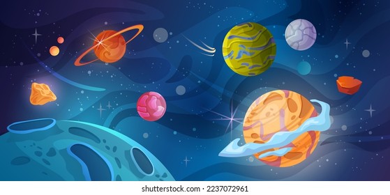 Cartoon space landscape, flat cartoon illustration. Cosmic planet surface, futuristic celestial bodies, galaxy stars and comets view. Cosmic space with craters at night, colorful comic planets