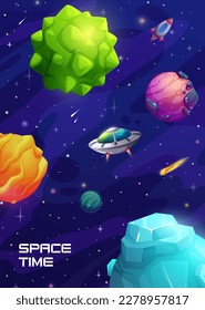 Cartoon space landscape, galaxy planets and UFO in sky, vector background. Galaxy universe stars and aliens in cosmic fantasy world, rocket spaceflight to moon, futuristic cosmos with asteroids