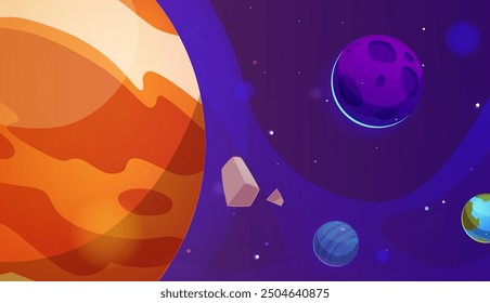 Cartoon-Weltraumlandschaft. Mars-, Mond- und Erdplaneten im kosmischen Raum mit Sternen und Asteroiden. Futuristische Galaxie, Neonvektorgrafik. Fantasie fremdes Universum Spiel Hintergrund