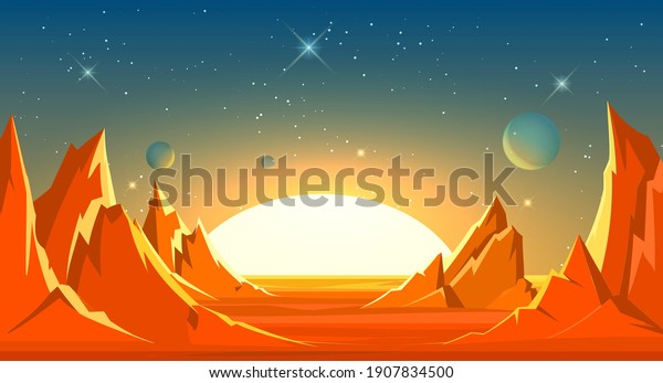 Cartoon space landscape. Moon land surface vector\
illustration, desert planet horizon background view, cosmic relief\
scenery pattern