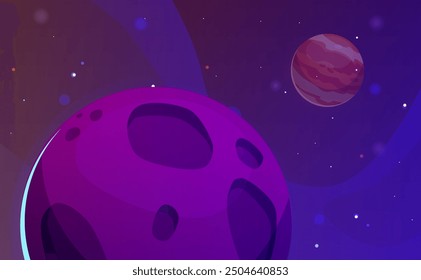 Cartoon-Weltraumlandschaft. Mond und Mars Planeten im kosmischen Raum mit Sternen und Asteroiden. Futuristische Galaxie, Vektorgrafik. Fantasie fremdes Universum Spiel Hintergrund