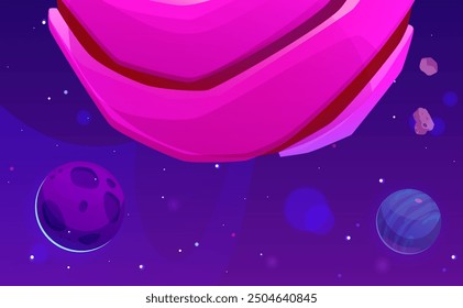 Cartoon-Weltraumlandschaft. Planeten im kosmischen Raum mit Satelliten, fallenden Meteoren und Asteroiden. Futuristische Galaxie, Neonvektorgrafik. Fantasy-Universum Ansicht Hintergrund. Lebensloses Land mit Kratern