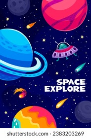 Cartoon space landscape poster with planets and alien UFO spaceship in galaxy, vector background. Space exploration and cosmic adventure for kids game or planetary discovery with alien martian