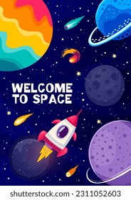 Cartoon space landscape poster. Rocket, comets and galaxy planets. Cosmos travel, space adventure vector flyer or poster with spaceship in outerspace, alien galaxy planets, comets and asteroids