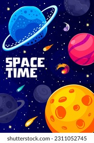 Cartoon space landscape poster, starry galaxy. Space travel, galaxy discovery or astronomy science vector banner or poster. Universe research flyer with Solar System planets, comets and galaxy stars